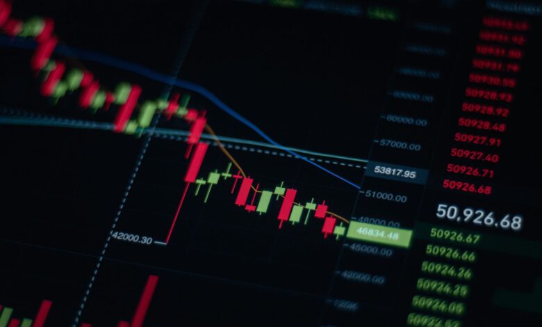 Stock market data displayed on a digital trading screen showing price fluctuations