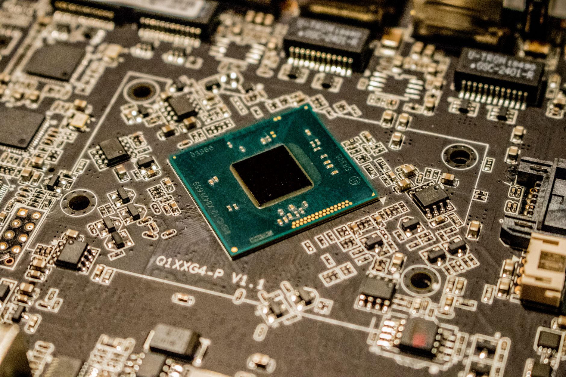 Close-up of advanced semiconductor chips on a circuit board representing Nvidia GPU hardware