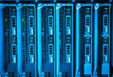 Rows of servers inside a modern data center facility