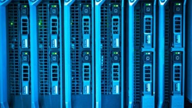 Rows of servers inside a modern data center facility