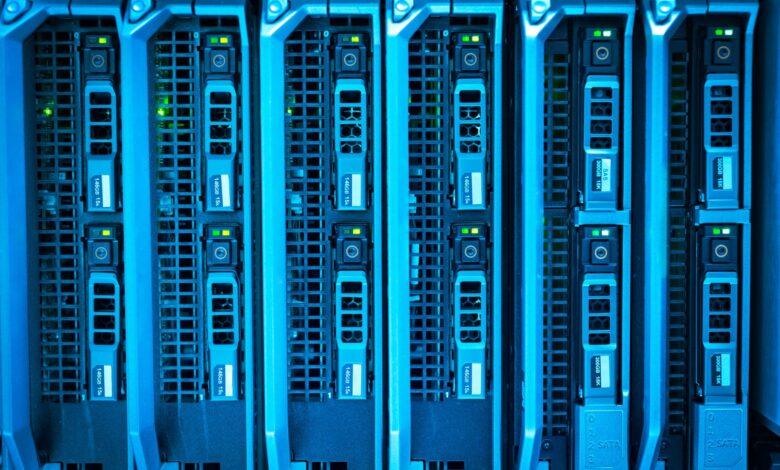 Rows of servers inside a modern data center facility
