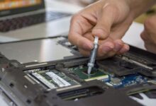Close-up of a modern laptop processor chip on a circuit board