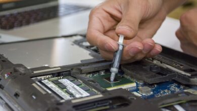 Close-up of a modern laptop processor chip on a circuit board