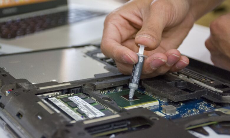 Close-up of a modern laptop processor chip on a circuit board