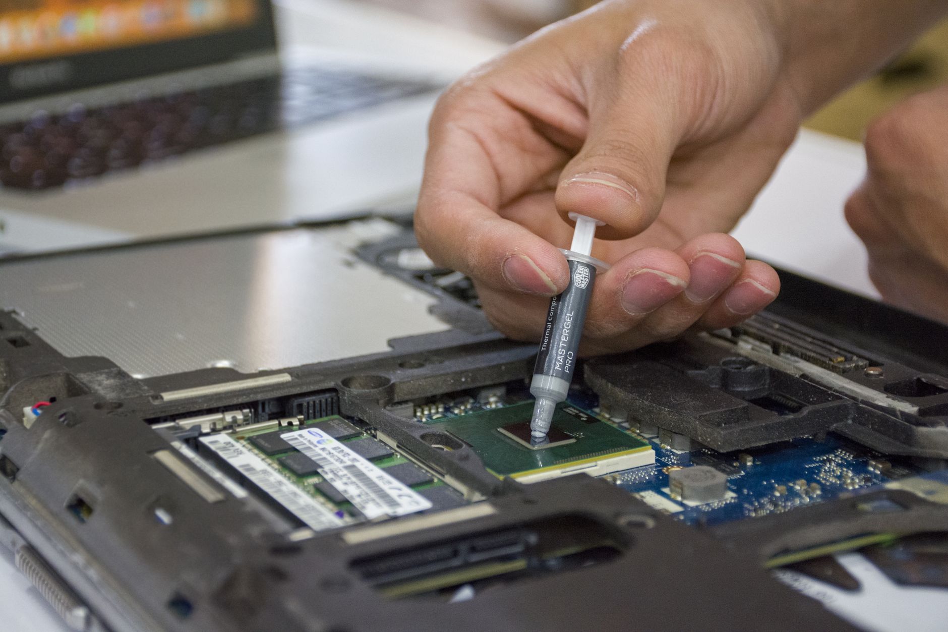 Close-up of a modern laptop processor chip on a circuit board