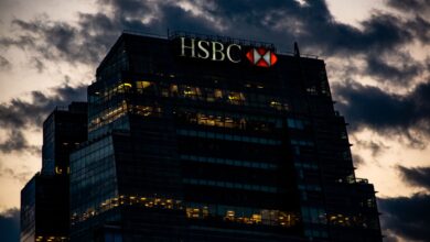 Exterior view of a major international bank headquarters building in an urban financial district