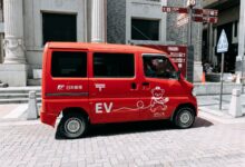 An electric delivery van parked on a city street representing fleet EV operations