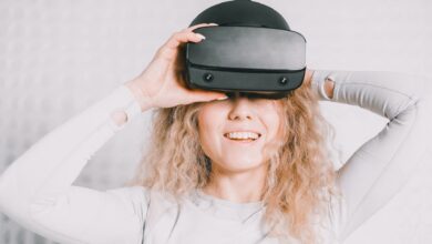 Person wearing a virtual reality headset in a modern indoor setting