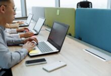 Business professionals reviewing enterprise software workflows on large monitors in a modern office