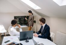 Business professionals in a formal finance meeting discussing investment strategy