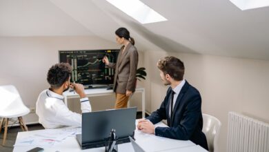 Business professionals in a formal finance meeting discussing investment strategy