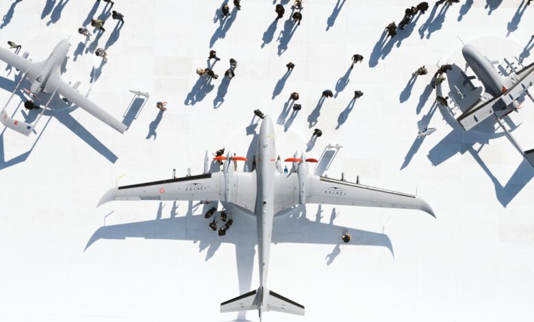 Military autonomous drone system in flight representing next-generation defense technology