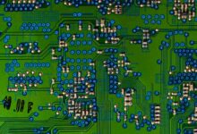 Close-up of a semiconductor microchip circuit board representing mobile processor design