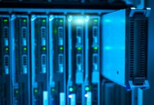 Rows of servers inside a data center facility