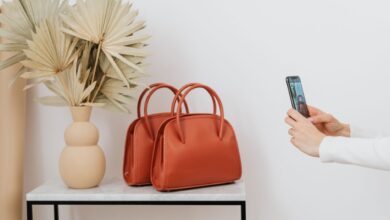 Close-up of an elegant leather luxury handbag on a neutral background
