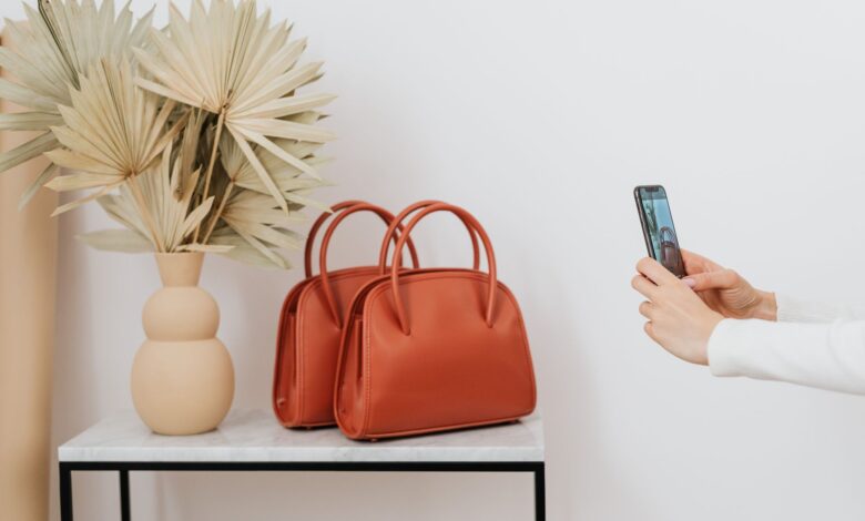 Close-up of an elegant leather luxury handbag on a neutral background