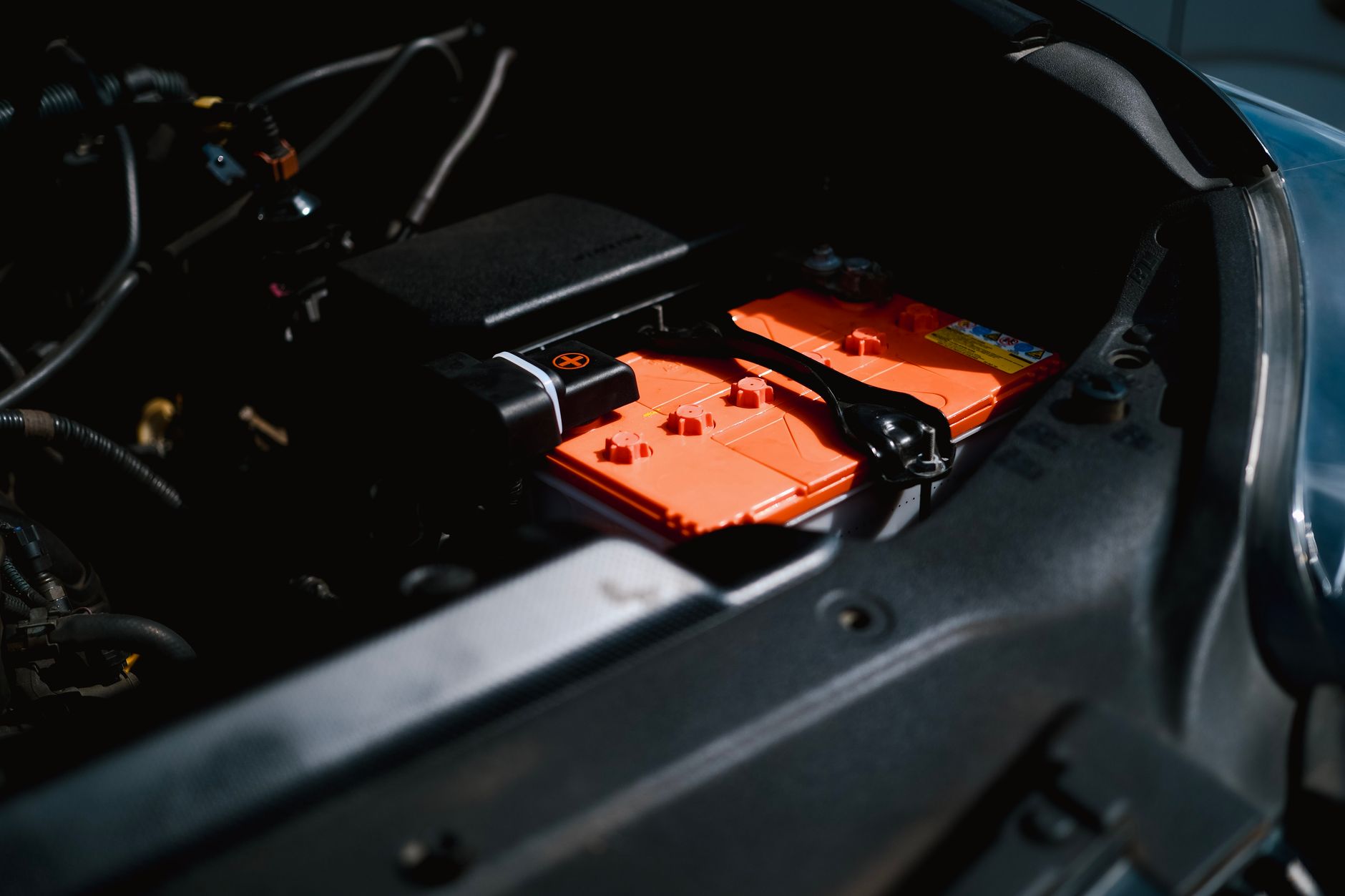 Close-up of electric vehicle battery cells arranged in a modular pack