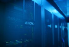 Server racks in a data center representing enterprise network security infrastructure