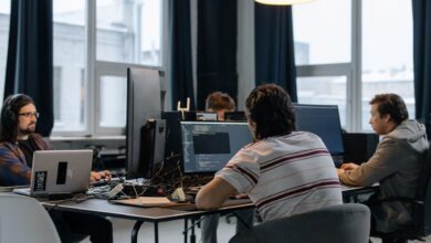 Business professionals working on enterprise software systems in a modern office environment