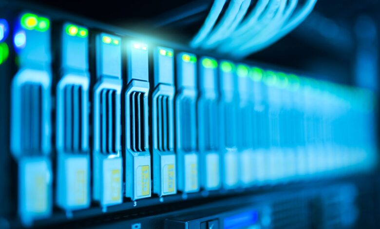 Rows of servers inside a modern enterprise data center representing cloud infrastructure investment